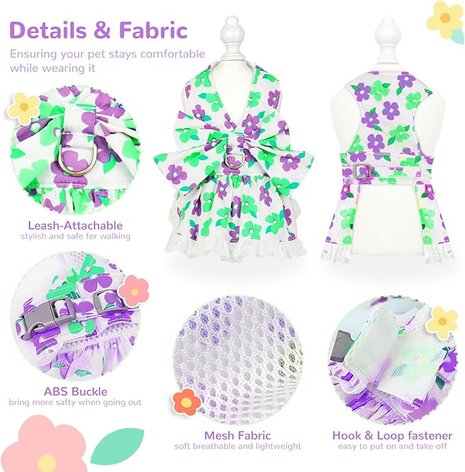 ABRRLO Dog Harness Dress Leash Set for Small Dog Summer Clothes Girl Female Puppy Cats Outfits Cute Floral Bowknot Princess Birthday Dress for Extra Small Pet Doggie Kitten Outfits Apparel(Green,M)