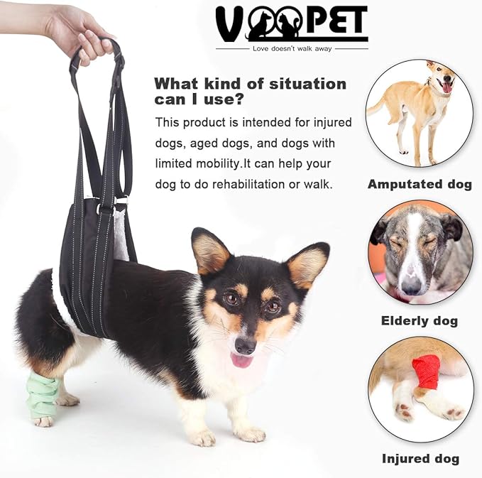 voopet Dog Sling, Help Lift Back Legs, Portable Hip Support Harness Assist Lift Dogs Rear for Canine Aid - Pet Lift Harness for Small Medium & Large Dogs Hind Leg Support Rehabilitation