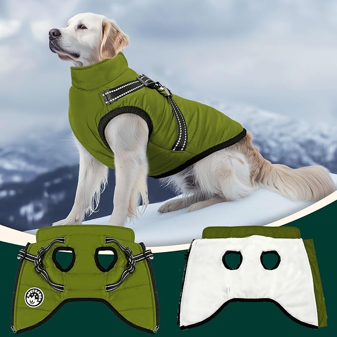 PETCARE Winter Dog Coat with Harness Built in Waterproof Dog Jackets Warm Pet Fleece Vest Windproof Snow Jacket Snowsuit Reflective Dogs Cold Weather Coats for Puppy Small Medium Large Dogs Cats
