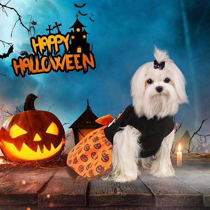 Idepet Dog Dress Halloween, Holiday Puppy Skirt Cute Boo Dog Costume Funny Pumpkin Print Pet Apparel Dog Clothes for Small Dogs Girls and Cats (X-Small)