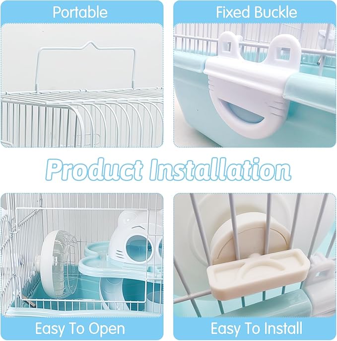 PINVNBY Dwarf Hamster Cage, Small Animal Cages, 2-Tier Travel Portable Mouse Cage Hamster Carrier with Castle House Running Exercise Wheels, Water Bottle and Food Dish（Blue）