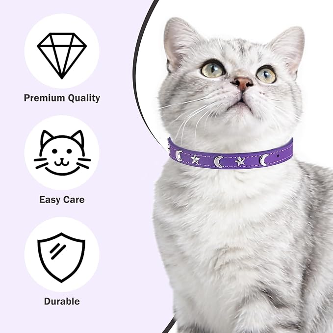 Leather Cat Collars for Boy Girl Cats with Bell and Safety Elastic Belt, Personalized Star and Moon Stud Adjustable Safe Buckle Collar for Kitty Small Big Cats Size 8-12 Inch, Purple