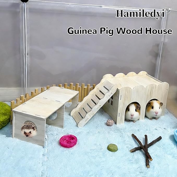 2 PCS Large Wooden Syrian Hamster Hideout Multi-Chamber Tunnel Set Hamster House Hiding Maze Platform Stuff Exploring Toy Cage Accessories for Guinea Pig Rat Mice Hedgehog Squirrel Chinchilla