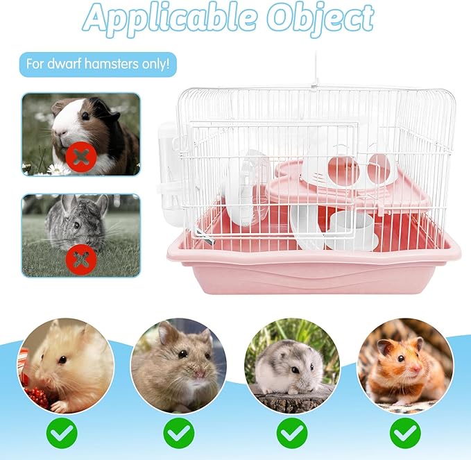 PINVNBY Dwarf Hamster Cage, Small Animal Cages, 2-Tier Travel Portable Mouse Cage Hamster Carrier with Castle House Running Exercise Wheels, Water Bottle and Food Dish（Pink）