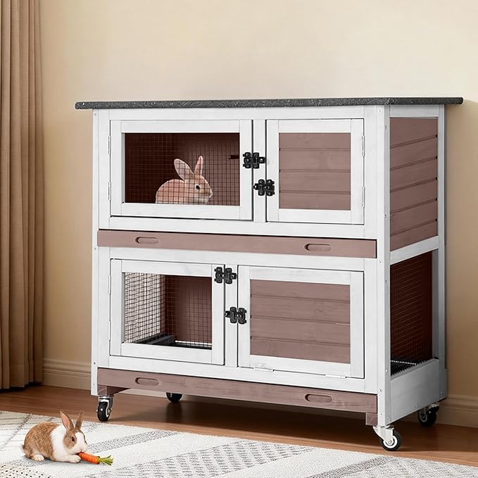 2-Story Rabbit Hutch Indoor Outdoor with Wheels, Bunny Cage with Slip-Proof Ramp, Guinea Pigs Cage with Waterproof Roof & Easy-Clean Tray, Multi-Access Doors, 36" - Brown