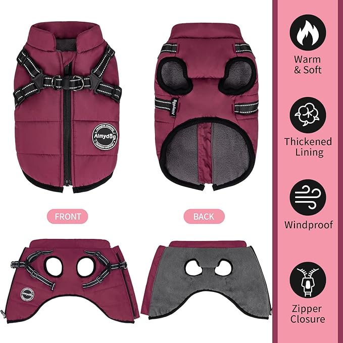 Warm Dog Winter Coat, Dog Cold Weather Jacket with Built-in Harness, Reflective & Adjustable Comfortable Pet Vest, Windproof Apparel for Small Medium Large Dogs (Purple)
