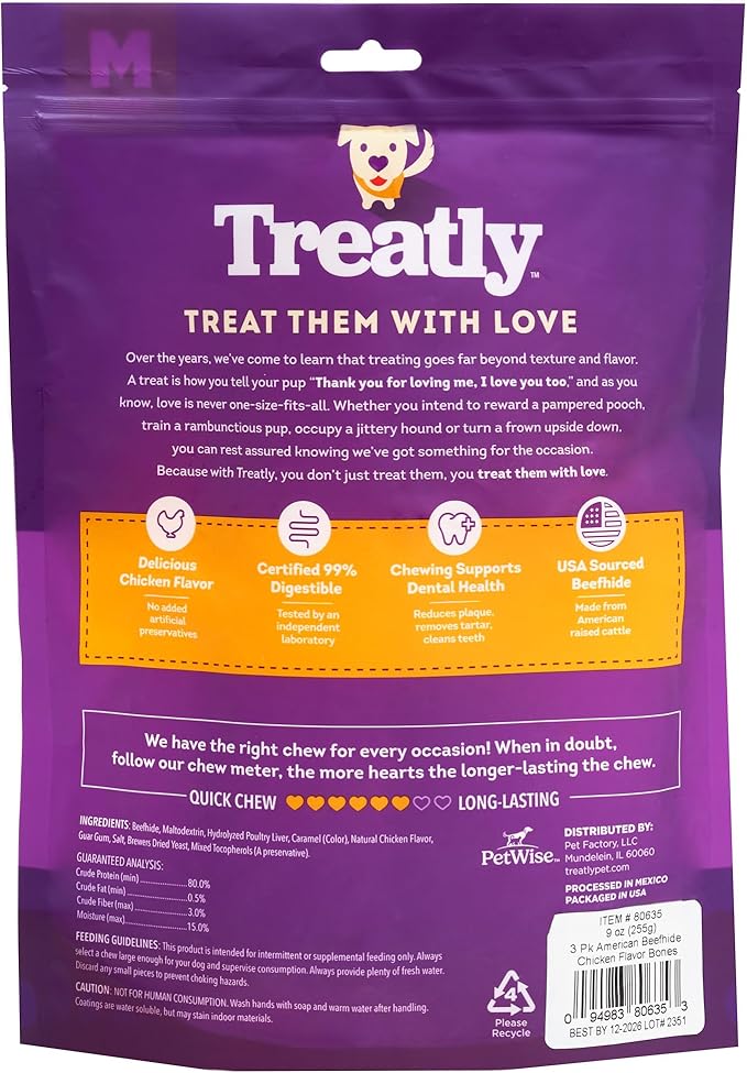 American Sourced Beefhide Bones 6-7" Dog Chew Treats - Chicken Flavor, 3 Count/1 Pack