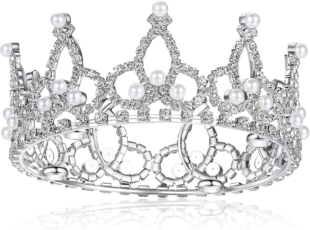 Lovelyshop Pet Series Silver Plated Royal Rhinestone Pearl Full Round Dog/Cat Crown for Rolyal Family Costume Hair Accessories-Large Size