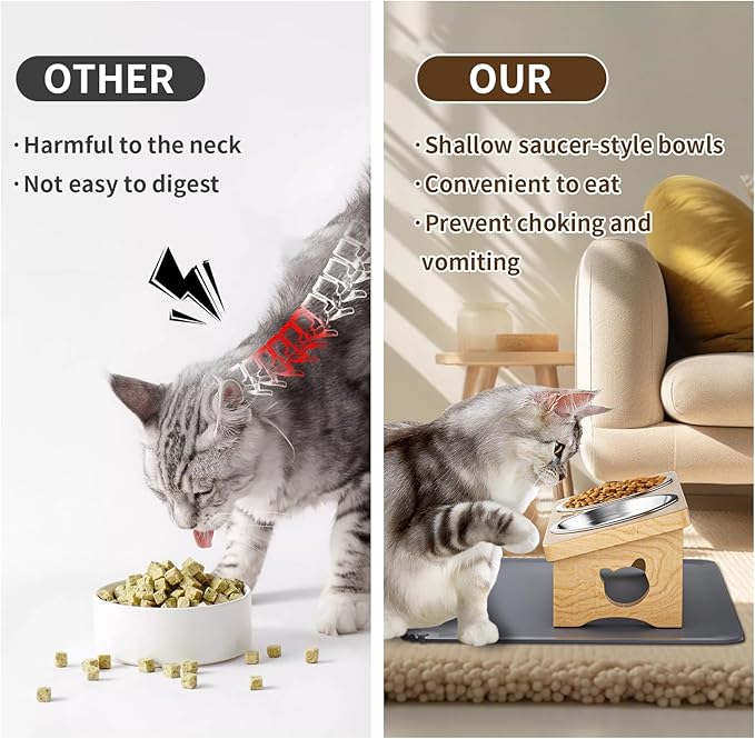 Elevated Cat Bowls with Silicone Mat, 15° Tilted Solid Wood Stand, Raised Stainless Steel Food & Water Dishes for Cats and Small Dogs, Anti-Vomiting Design(Natural)