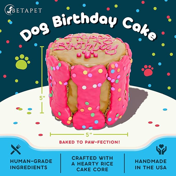 Dog Birthday Cake - Rice Cake Dessert for Dogs, Made with Human Grade Ingredients - Happy Birthday Treat for Puppy (5"x5"x5", Pink)