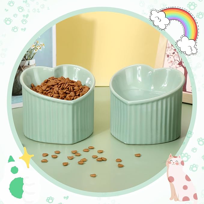 Mumufy 2 Pcs Ceramic Elevated Cat Bowls Tilted Elevated Raised Pet Bowls Anti Vomit Cat Dish for Indoor Stress Free Water Dish Feeder for Puppies, Heart Shaped(Grass Green)