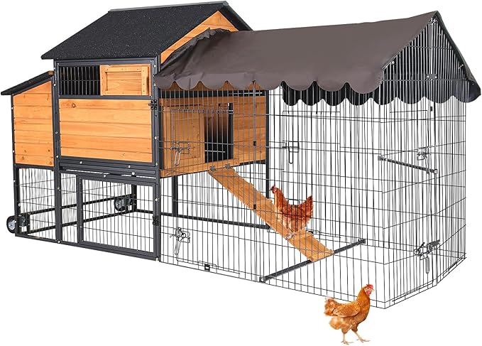 Large Chicken Coop with Upgraded Metal Frame, Wooden Poultry Cage with Outdoor Run, Chicken Tractor with Wheels, Pull Out Trays, Asphalt Roof & Lockable Nesting Box for Chickens Ducks Rabbits