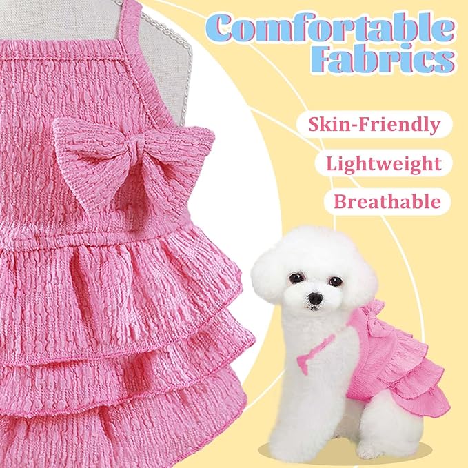 2 Pieces Dog Dress for Small Dogs Girl,Puppy Sleeveless Clothes Pet Pullover Vest Skirt,Cute Bow Tiered Cake Dress Pet Dog Shirt Breathable Outfits for Small Dogs Puppy Cats Girl Apparel
