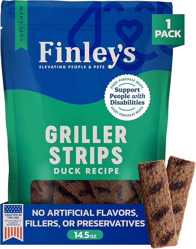 Finley's Duck Griller Strips for Dogs, Jerky-Style Dog Treats with Real Ingredients for All Breeds and Sizes, 14.5oz, 1 Pack