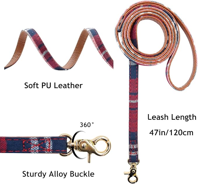 3PCS Bow Tie Dog Collar and Leash Set Plaid/Camo/Dots/Flower Dog Bandanas with Bell 3 Size Adjustable for Small Dogs Puppies and Cats (XS, Red Plaid 3)