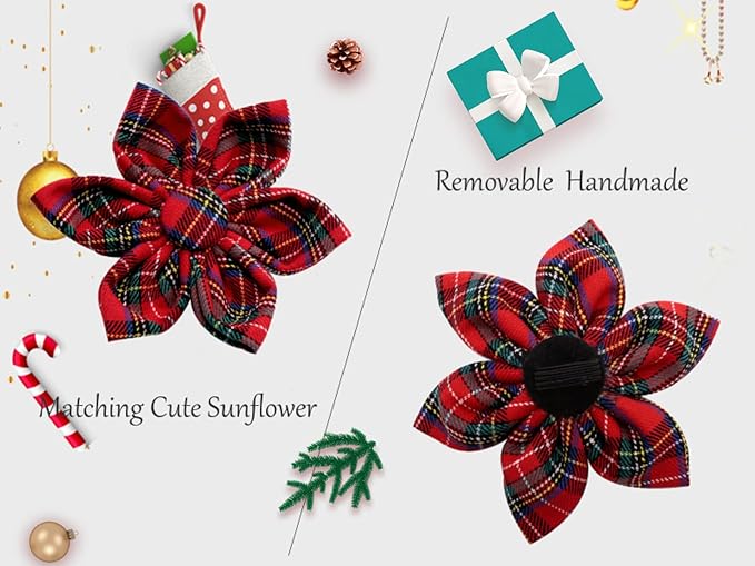 Uniqe Style Paws Christmas Grid Dog Collar, Female or Male Adjustable Puppy Collar with Flower, Durable Floral Pattern Pet Collar for X-Small Dogs