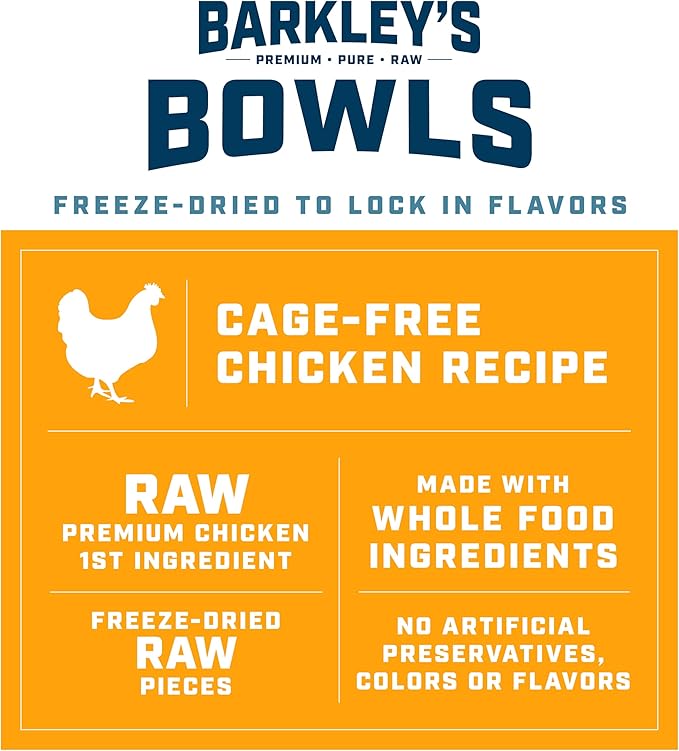 Barkley’s Bowls, Freeze-Dried Raw Chicken Dog Food, Fresh Whole Food Ingredients with Cage-Free Chicken, Grain Free, High Protein for Balanced Nutrition, Dog Treats or Topper, 16 Oz Bag (3 Pack)
