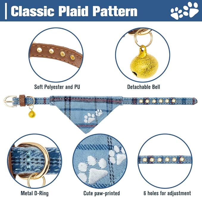 EXPAWLORER Dog Collar and Leash Set - Pawprint Plaid Collar with Bow Tie and Bell, Cute for Dogs and Cats, Blue S-M
