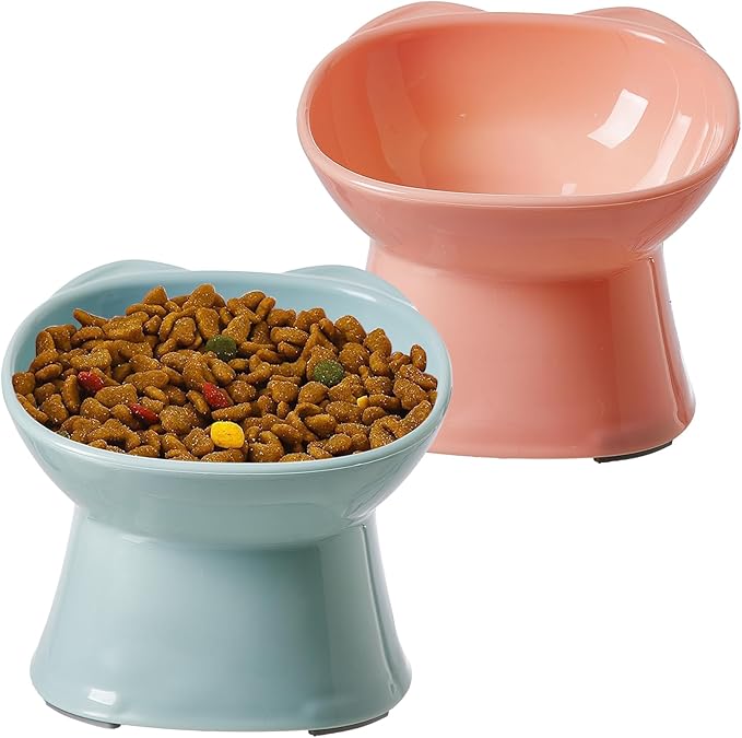KSIA Klear Elevated Cat Bowls 2 Pack, Tilted Raised Cat Bowls for Indoor Cats, for Food and Water, 4.72" Wide, Whisker Friendly Anti Vomit for Indoor Cats, Microwave and Dishwasher Safe, Pink&Blue