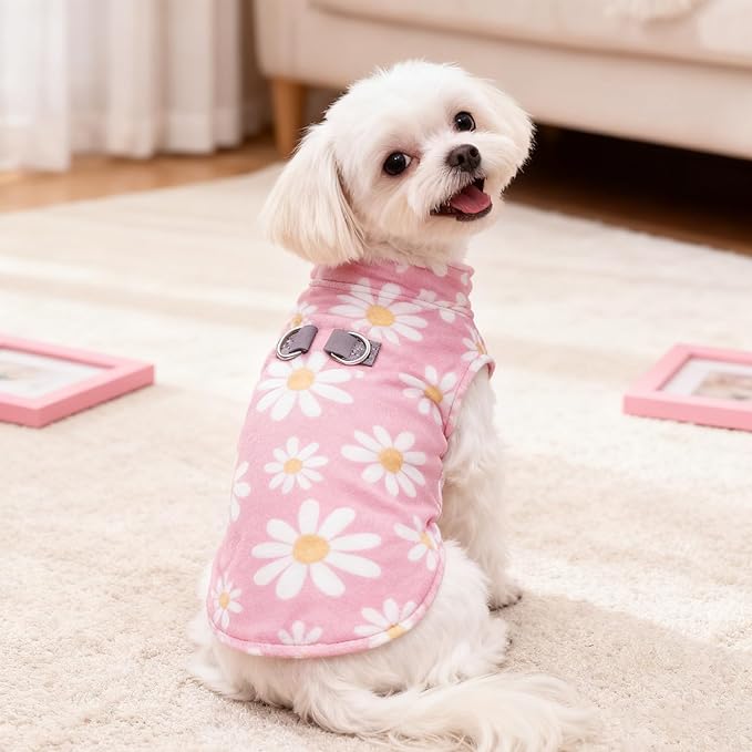 BEAUTYZOO Dog Fleece Vest Sweater Winter Jacket for Small and Medium Dogs with D-Ring Leash Cold Weather Coat Hoodie for XS S M Dogs Boy or Girls,Pink Daisy L