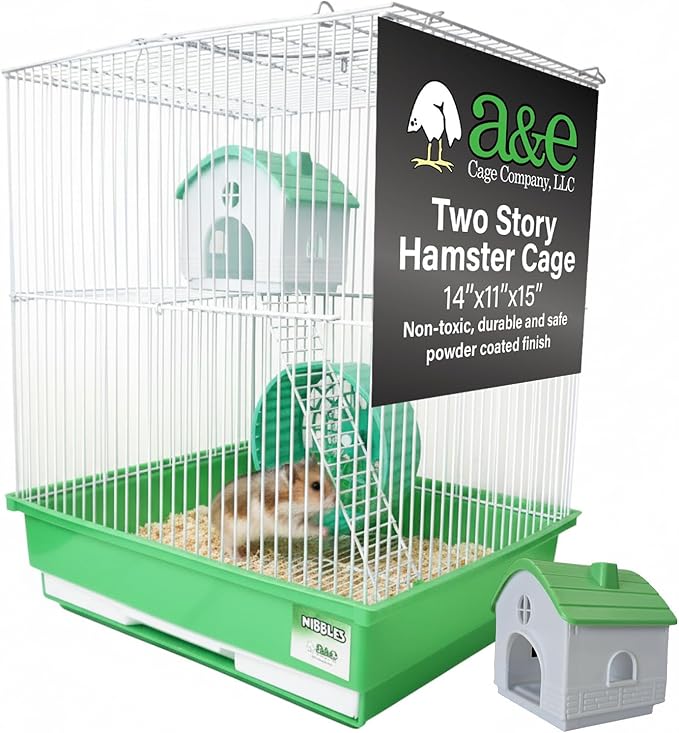 A&E Cage Co HAM007-SP Two Story Hamster Cage – 14" x 11" x 15" Small Animal Habitat with Exercise Wheel & Play House – Hamster, Gerbil & Small Pet Cage with Slide-Out Tray (Green & White)