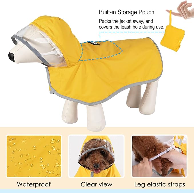 Lukovee Dog Raincoat, Adjustable Dog Rain Jacket with Clear Hooded Double Layer for Large Medium Small Dogs Puppies, Waterproof Rain Coat Poncho with Reflective Storage Pocket & Rim (Yellow,M)