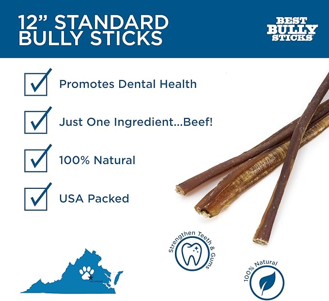 Best Bully Sticks 12 Inch Bully Sticks for Dogs - 25 Count (Pack of 1) - Natural, Easily Digestible, Grass-Fed, Grain and Rawhide Free