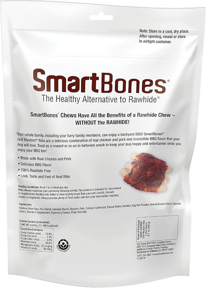 SmartBone Grill Masters Ribs Half Racks 5 Count, Rawhide-Free Chews for Dogs