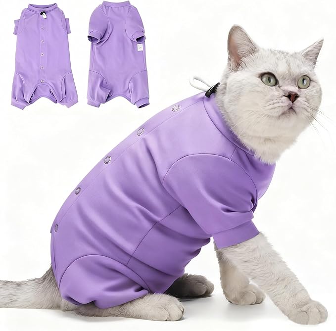 Dotoner Cat Recovery Suit After Surgery Spay Recovery Suit for Female Cats Soft Protective Clothing E-Collar Alternative for Wound Care Post Surgery Apparel(Purple-S)
