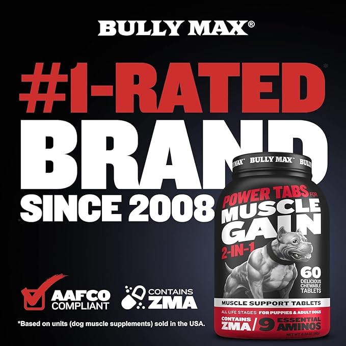 Bully Max High Protein & Fat Dog Food + Muscle Builder Tablets - Premium High-Calorie Dry Dog Food (40lb. Bag) with Chewable Muscle Support Supplement (3 Bottles, 60tabs/bottle) - For Puppies & Adults