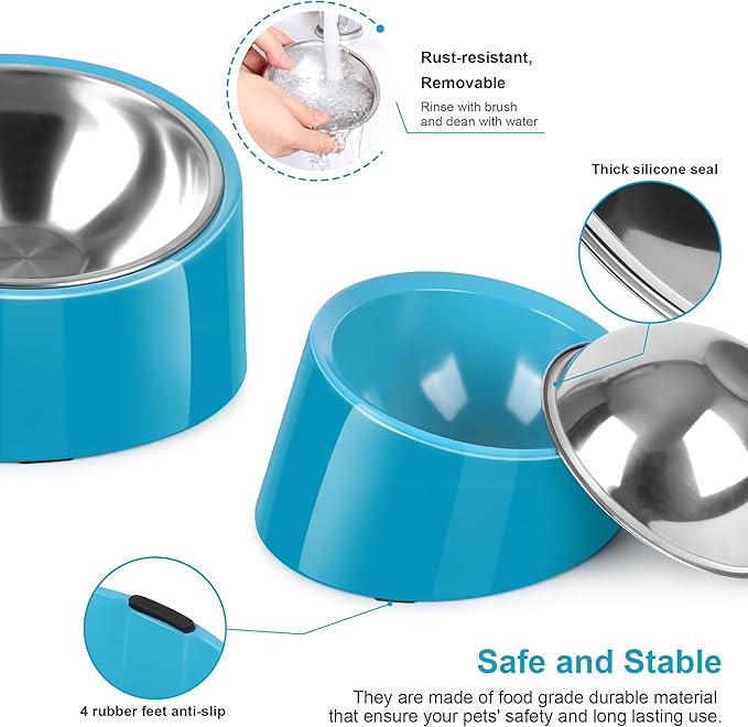 Tilted Dog Bowl Non-Slip & Non-Spill Pet Feeder with Elevated Detachable Melamine Stand, Easy to Get Food Dog Dish, L/300ml Blue