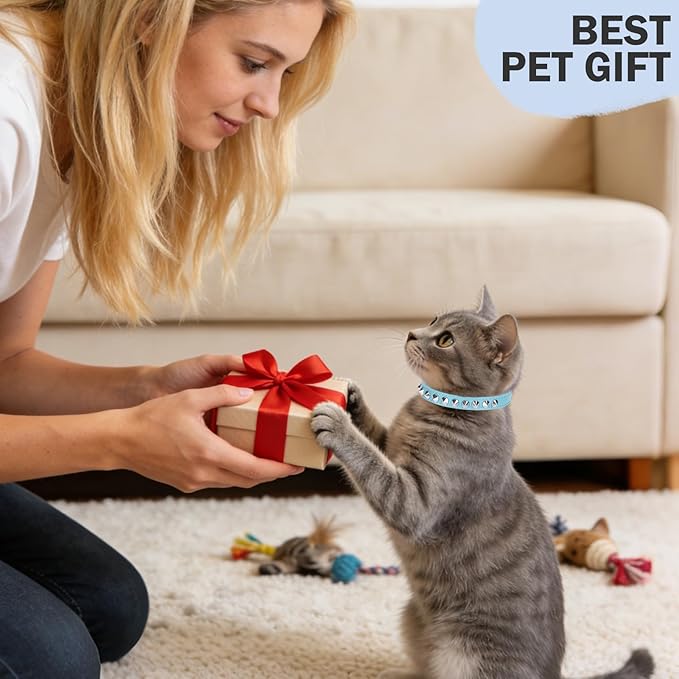Leather Cat Collars for Boy Girl Cats with Bell and Safety Elastic Belt, Personalized Rivets Stud Adjustable Safe Buckle Collar with Skull Charm for Kitty Small Pets, Light Blue