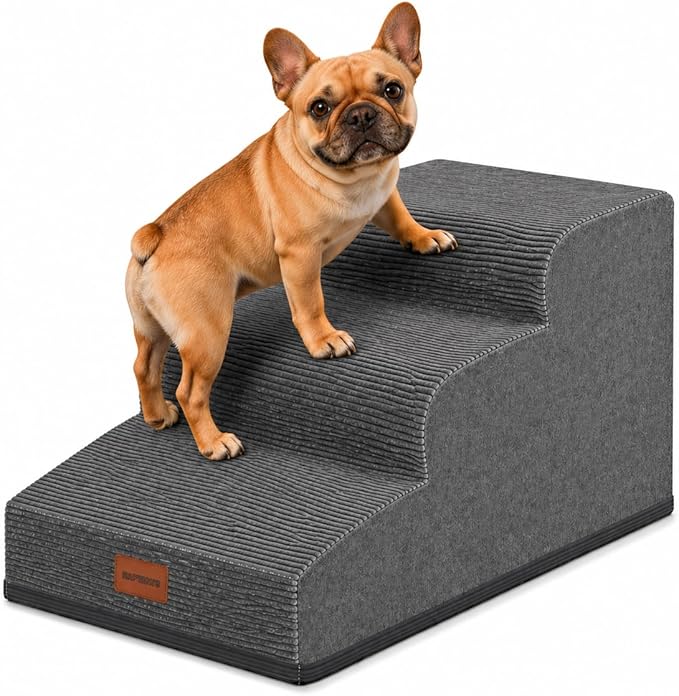 Dog Stairs for Small Dogs and Cats, 15.7" H, 3-Step Curved Pet Ramp for Couch Sofa and Chair, Non-Slip Medium Pet Steps with High Density Foam, Grey