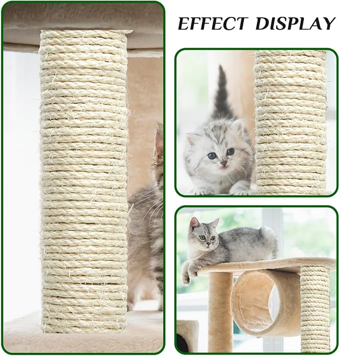 Natural Sisal Rope 1/4 Inch 6mm 164-Feet for Cat Scratching Post Tree Tower Replacement Repair and Replace, DIY Hemp Twine Rope for Cat Scratching Furniture Window Perch and Crafts Gardening