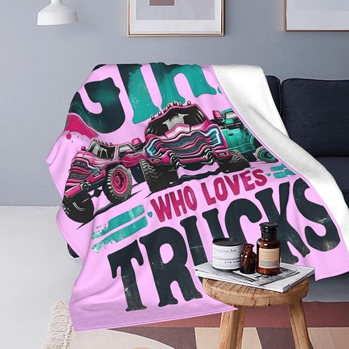 SweetFox Just A Girl Who Loves Trucks Blanket, Truck Decor Throw Blanket Gifts for Girls Boys Lovers Super Warm Soft Plush Fleece Flannel Winter Bedding Blankets for Kids Adults Men Women 50"X40"