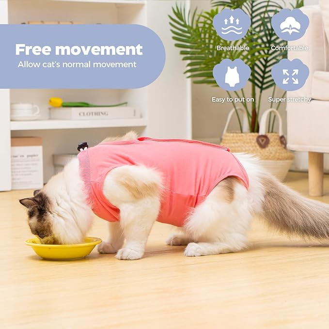Avont Cat Recovery Suit Female Kitten After Spay Surgery, Breathable Modal Cotton Cat Onesie for Wound & Skin Disease Care, Machine Washable -Rosepink(S)