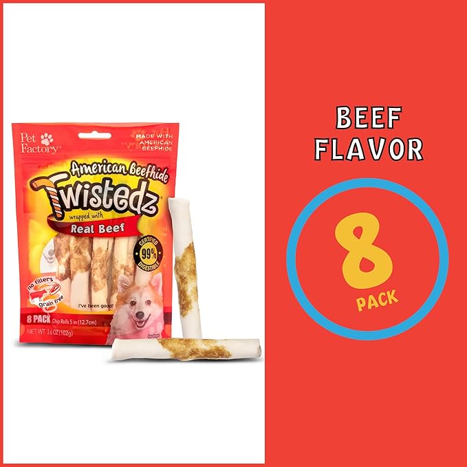 Pet Factory Twistedz American Beefhide 5" Chip Rolls Dog Chew Treats w/Real Beef Meat Wrap - 8 Count/4 Pack