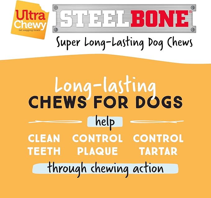 Ultra Chewy Steel Bones Regular Size Peanut Butter Flavor - Super Long Lasting Dog Chews - Rawhide Free & Highly Digestible - Unique Shape Helps Clean Teeth - Ideal Dog Bones for Aggressive Chewers