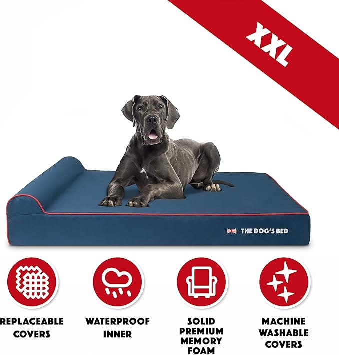 The Dog’s Bed Orthopedic Memory Foam Dog Bed with Headrest, Calming Surface – CertiPUR-Certified Foam, Oxford Fabric, Blue with Red Trim UK Flag, XXL, 6-Inch