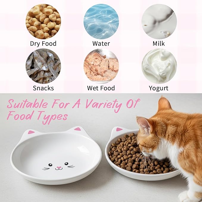 4 Pack Ceramic Cat Food Bowls, 5.9 Inch Whisker Fatigue Cat Bowl Wide Cats Food Bowls Set with Cute Pattern, Whisker Friendly, Microwave and Dishwasher Safe Indoor Feeding Dishes for Small Pets