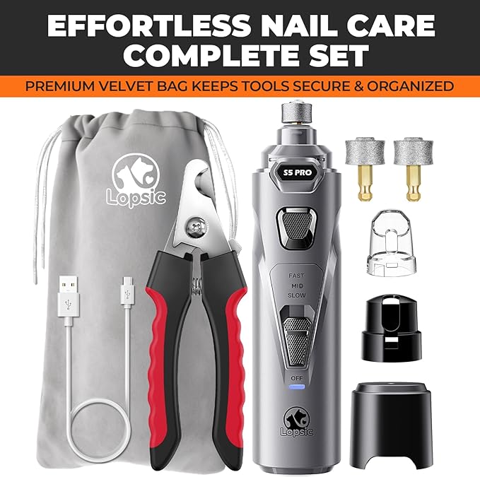 Whisper Quiet Dog Nail Grinder with LED Light, Safe & Stress-Free for Sensitive Dogs of All Breeds & Sizes, 3 Grinding Bits, 3-Speed, Pet Nail Trimmers, Rechargeable Painless Grooming Kit Grey