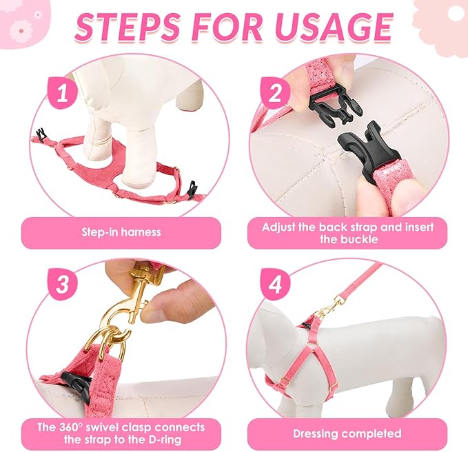 SlowTon Dog Harness Small Sized Dog - Soft XXS Dog Harness and Leash Set No Pull No Chock, Adjustable Lightweight Puppy Harness for XS Small Medium Dogs Cats (Solid Pink, XS)
