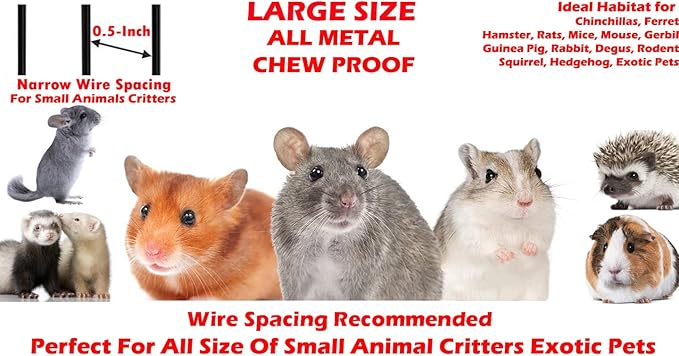 54" Large Wrought Iron Chewproof 4-Levels Tight 1/2-inch Bar Spacing Ferret Chinchilla Sugar Glider Rats Mice Home Cage with Detachable Rolling Stand