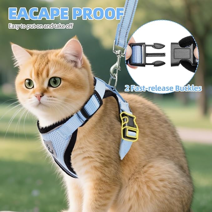 PUPTECK Cat Harness and Leash Set Escape Proof Reflective Cat Walking Harness Adjustable Soft Breathable Mesh Vest for Small Pets, Sky Blue, L