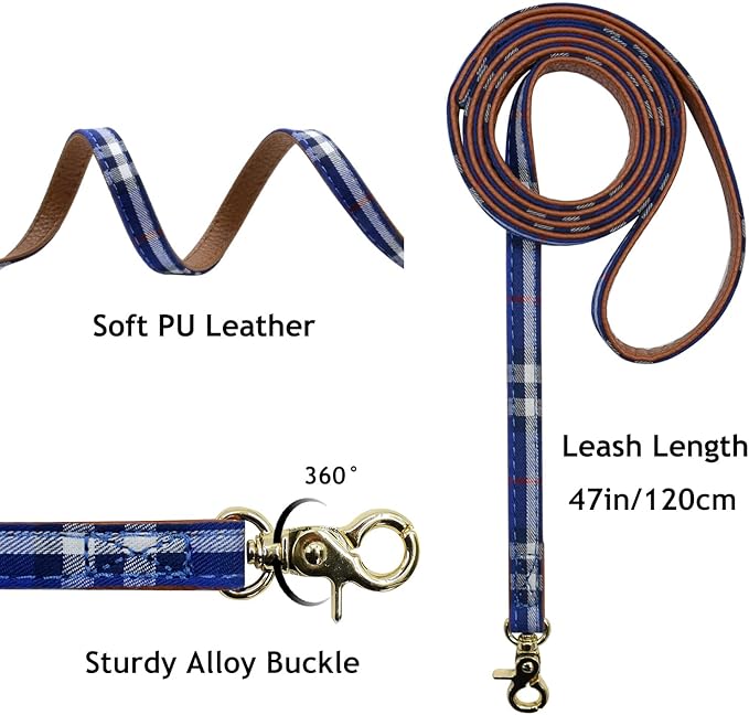 3PCS Bow Tie Dog Collar and Leash Set Plaid/Camo/Dots/Flower Dog Bandanas with Bell 3 Size Adjustable for Small Dogs Puppies and Cats (XS, Blue Plaid 2)