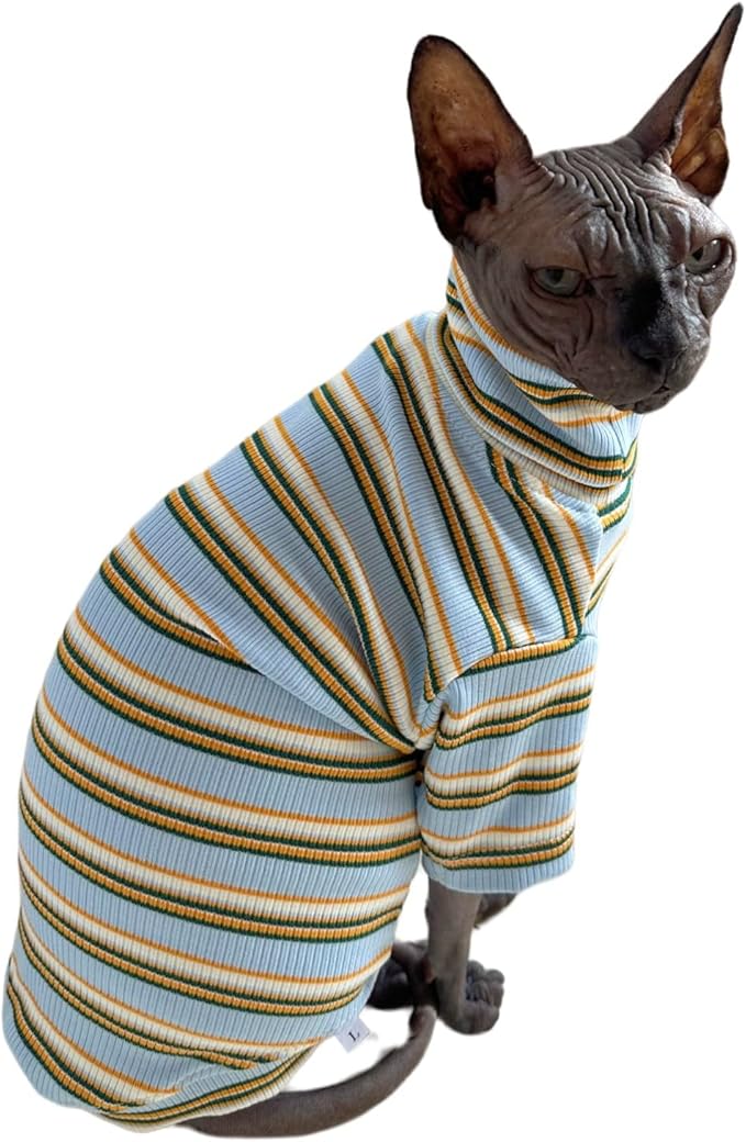Turtle Neck Vintage Stripes Sphynx Hairless Cat Cotton T-Shirts Pet Clothes Vest Kitten Shirts Sleeveless, Cats & Small Dogs Apparel (Light Blue, M (5-6.5 lbs))