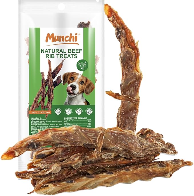 MUNCHI Beef Rib Bones Dog Treats,100% Natural Rib Bone Beef Chews from Grass Fed Cattle,Long Lasting Dog Chew Bones for Aggressive Chewers,Promotes Dental Health (4.9 OZ)