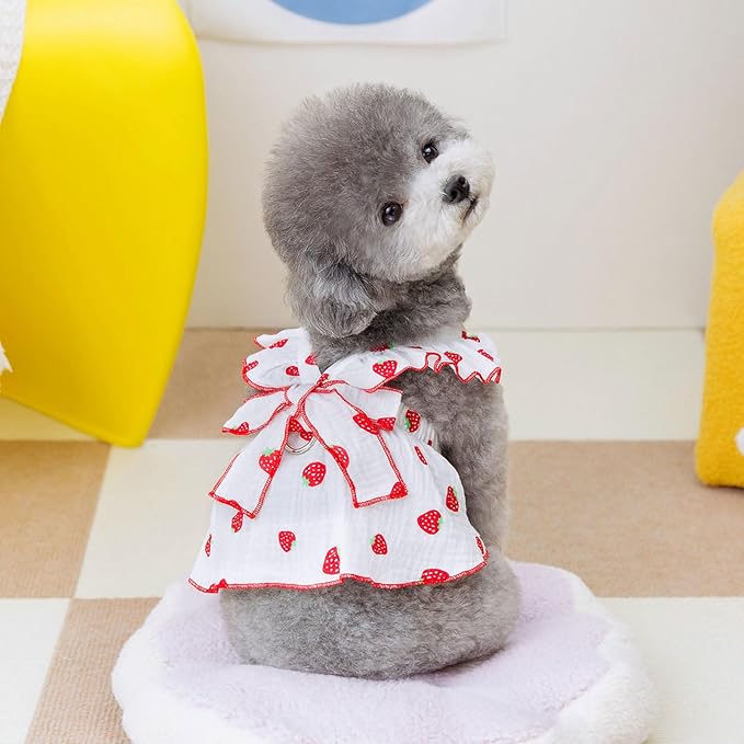 Dog Dresses for Small Dogs Girl Female Clothes Cat Clothes Cat Dress Cute Cotton Extra Summer Clothes Bow Decor Printed Strawberry Dog Birthday Outfit Small Puppy Clothes White M