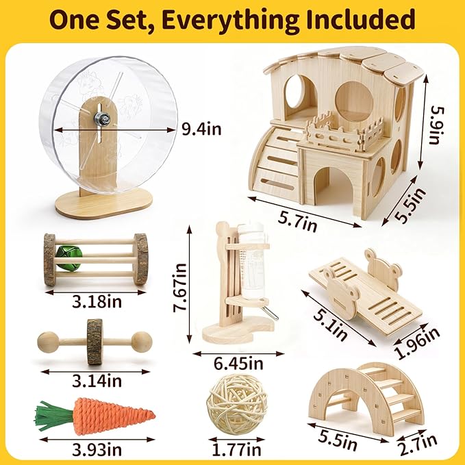 Hamster Cage Accessories Set ，Silent Exercise Wheel, Maze Wooden Hideout, Water Bottle with Holder, Chew Toys & Interactive Platform for Hamsters, Mice, Gerbils (All-in-One Habitat Enrichment Kit)