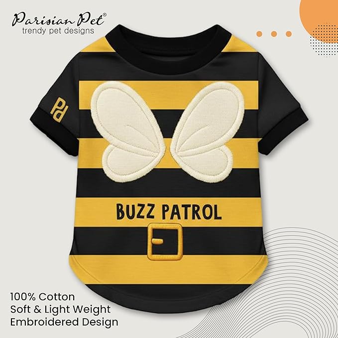 Parisian Pet Dog Buzz Patrol Bee Shirt - Embroidered Pet Vest - 100% Cotton & Polyester Doggy - Shirt - Lightweight Pet Clothes - Sleeved Puppy Costume - Funny Shirts for Large Dogs - 2XL